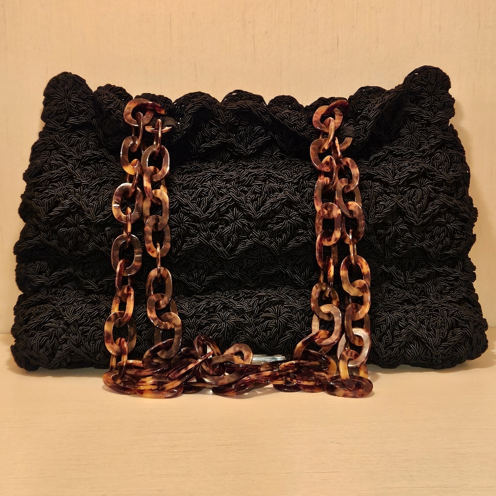 Carrie Forbes Black Crochet Macrame Shoulder Bag Tortoise Lucite Link Straps